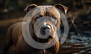 photo of American Staffordshire Terrier outdoors standing in water. Generative AI