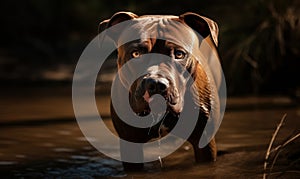 photo of American Staffordshire Terrier outdoors standing in water. Generative AI