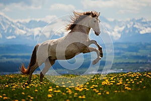 Photo of andalusian stallion jumping on hill on mountain background