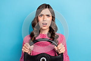 Photo of angry outraged worried nervous lady impressed bad road accident isolated on blue color background