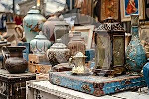 A photo of an antique market with various antiques, including vases and lanterns. Ai generated