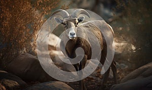 photo of Aoudad in North African Mountains in its natural habitat. Generative AI photo