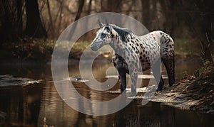 photo of Appaloosa standing in water in its natural habitat. Generative AI
