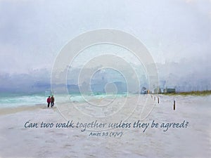 Photo art couple walking on beach with scripture verse.