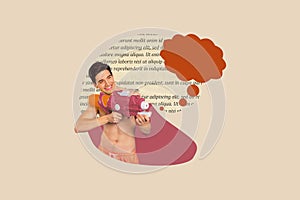 Photo artwork collage design of youth guy holding watergun shooting pistol bubble cloud idea thoughts have fun isolated