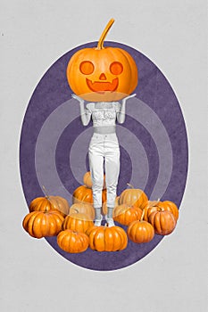 Photo artwork collage mask disguise lantern jack pumpkin decor faceless scary halloween tradition girl placard isolated