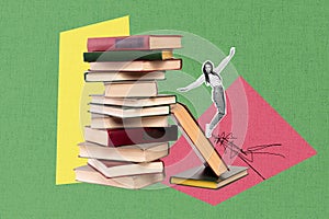 Photo artwork collage reading lifestyle concept young student girl stand on book pile stack prepare exam test