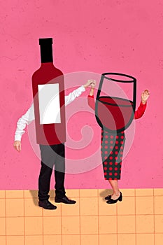 Photo artwork minimal picture of carefree bottle guy lady wine glass dancing todether isolated drawing background