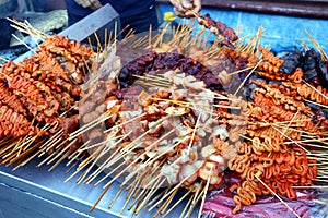 Assorted chicken and pork innards sold at a street food stall