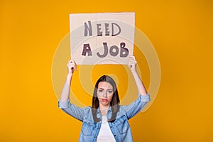 Photo of attractive business lady bad mood hold carton placard jobless professional need money asking help support