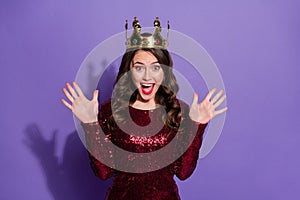 Photo of attractive crazy lady festive party event prom queen nomination excited crown on head overjoyed wear sequins