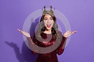 Photo of attractive crazy lady festive party prom queen nomination excited crown on head overjoyed raise hands wear