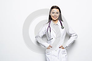 Photo of attractive family doc lady patients consultation beaming friendly smiling reliable virology clinic arms crossed wear