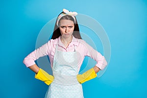 Photo of attractive lady house wife maid latex gloves on hands general spring cleaning crazy bad mood dirty messy flat