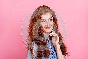 Photo of attractive nice adorable young woman hold hand face beauty foxy hair isolated on pink color background