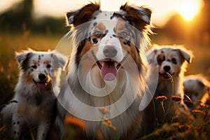 Photo Australian Shepherd dogs, mom and puppies playing in sunset meadow