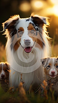 Photo Australian Shepherd dogs, mom and puppies playing in sunset meadow