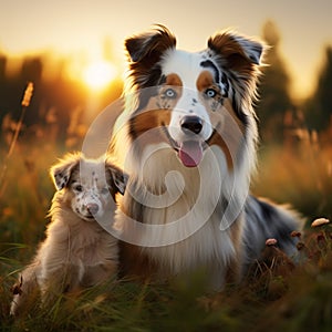 Photo Australian Shepherd dogs, mom and puppies playing in sunset meadow