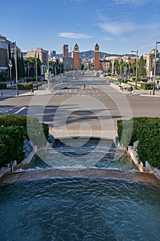 Photo of the Avenida Reina Maria Cristina in Barcelona square Spain taken on foot from the fountains of Montjuich