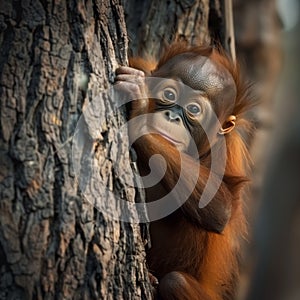 photo of baby orangutan playing at the tree
