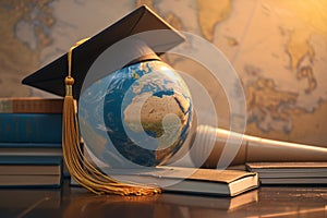 photo of Back to School Graduation cap with Earth globe, global education