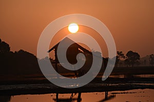 Photo Backlight Silhouette Southeast Asian wetland huts