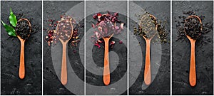 Photo banner. Collage photo of dry tea in spoons. photo