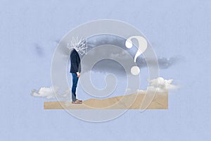 Photo banner template collage of young businessman headless surreal complicated question mark puzzled isolated on blue
