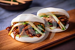 photo of bao bun, cut in half and stuffed with juicy barbecue pork