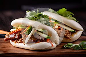 photo of bao bun, cut in half and stuffed with juicy barbecue pork