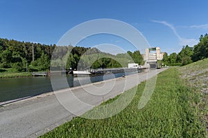 Photo of a barge passing a lock on the Main-Danube water canal.