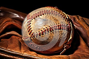 Photo of a baseball resting on a baseball glove