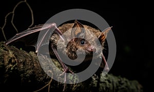 photo of bat on a tree branch at night in a jungle. The background is shrouded in darkness. Generative AI
