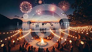 Photo of a beach party at dusk for the 2024 New Year with a bonfire string lights and revelers celebrating with fireworks lighting photo