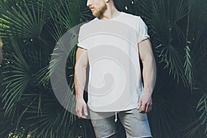 Photo Bearded Muscular Man Wearing White Blank t-shirt and shorts in summer time. Green huge palm Background. Horizontal