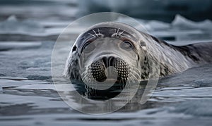 photo of bearded seal as it lounges of the edge of an ice floe in the Arctic. The seal is a large round-bodied creature with a