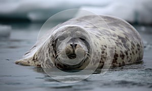 photo of bearded seal as it lounges of the edge of an ice floe in the Arctic. The seal is a large round-bodied creature with a