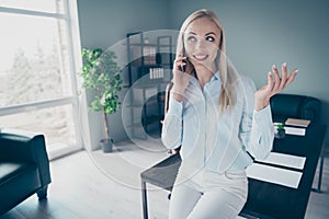 Photo of beautiful blond boss business lady self-confident person speaking telephone partners friendly wear shirt