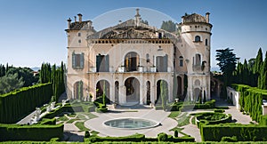 Ai generated beautiful building with a stunning fountain in the foreground