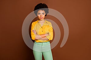 Photo of beautiful business dark skin curly lady looking strictly colleagues bad mood confident person arms crossed wear