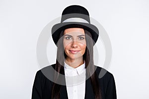 Photo of beautiful lovely smiling cheerful woman magician sorcerer wear tall hat isolated on white color background