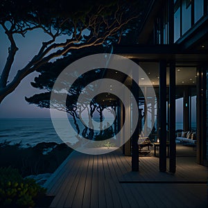 Ai generated a beautiful oceanfront house illuminated at night with a stunning view of the sea
