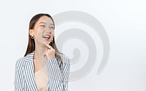 Portrait of a Beautiful and Professional Asian Business Woman Cheerfully Smiling and Looking Right