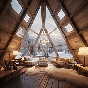 Photo of the beautiful, stylish, lightful and cosy indoor interior of triangular house glamping resort in winter snow forest