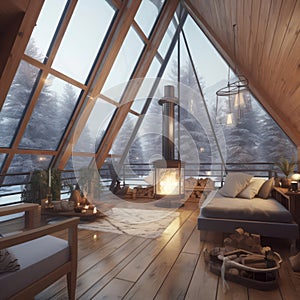 Photo of the beautiful, stylish, lightful and cosy indoor interior of triangular house glamping resort in winter snow forest