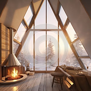 Photo of the beautiful, stylish, lightful and cosy indoor interior of triangular house glamping resort in winter snow forest