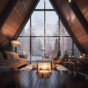 Photo of the beautiful, stylish, lightful and cosy indoor interior of triangular house glamping resort in winter snow forest photo