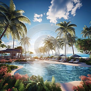 Photo of beautiful sunny paradise resort landscape with palm trees, swimming pool with turquoise water