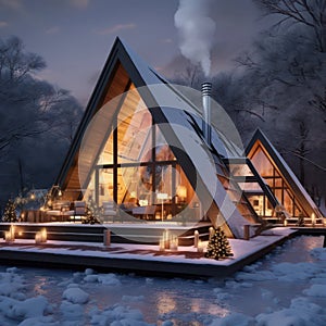 Photo of beautiful triangular house glamping resort in winter snow forest