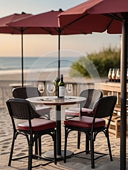 Photo Of Beautiful Wine Shop Table Chairs On Beach. Generative AI